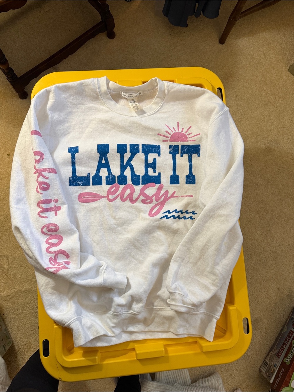 Altar'd State White 'Lake It Easy' Graphic Sweatshirt with Blue & Pink Accents